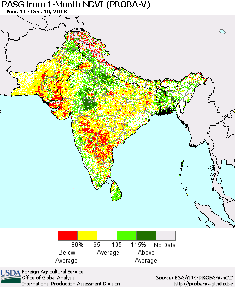 Southern Asia PASG from 1-Month NDVI (PROBA-V) Thematic Map For 12/1/2018 - 12/10/2018
