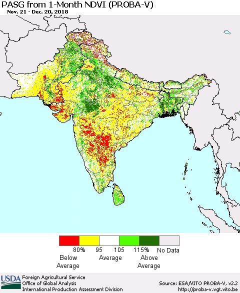 Southern Asia PASG from 1-Month NDVI (PROBA-V) Thematic Map For 12/11/2018 - 12/20/2018