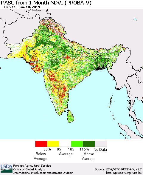 Southern Asia PASG from 1-Month NDVI (PROBA-V) Thematic Map For 1/1/2019 - 1/10/2019