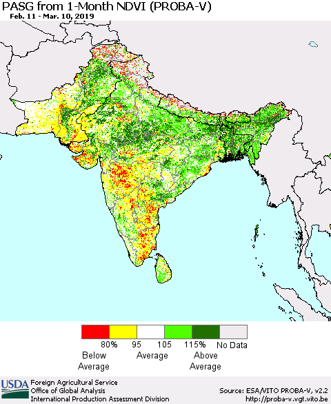 Southern Asia PASG from 1-Month NDVI (PROBA-V) Thematic Map For 3/1/2019 - 3/10/2019