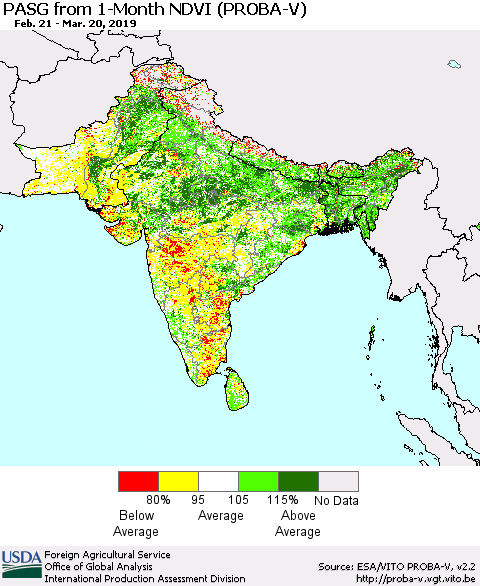 Southern Asia PASG from 1-Month NDVI (PROBA-V) Thematic Map For 3/11/2019 - 3/20/2019