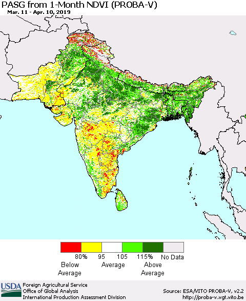 Southern Asia PASG from 1-Month NDVI (PROBA-V) Thematic Map For 4/1/2019 - 4/10/2019