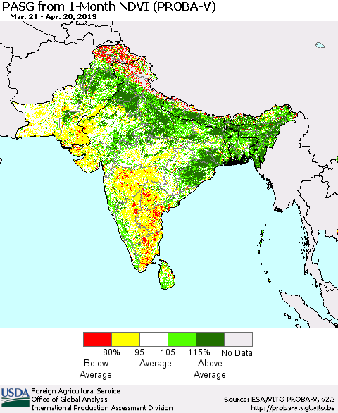 Southern Asia PASG from 1-Month NDVI (PROBA-V) Thematic Map For 4/11/2019 - 4/20/2019