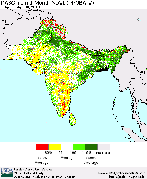 Southern Asia PASG from 1-Month NDVI (PROBA-V) Thematic Map For 4/21/2019 - 4/30/2019