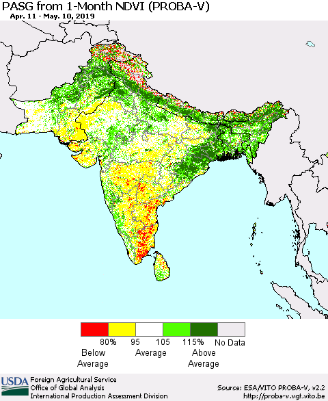 Southern Asia PASG from 1-Month NDVI (PROBA-V) Thematic Map For 5/1/2019 - 5/10/2019