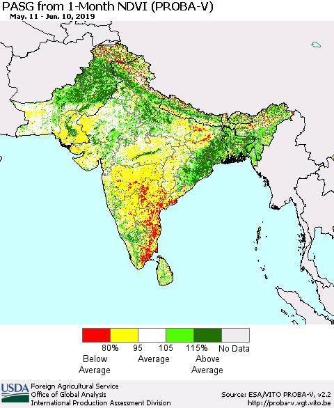 Southern Asia PASG from 1-Month NDVI (PROBA-V) Thematic Map For 6/1/2019 - 6/10/2019