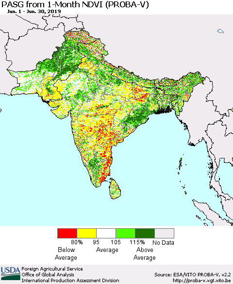 Southern Asia PASG from 1-Month NDVI (PROBA-V) Thematic Map For 6/21/2019 - 6/30/2019