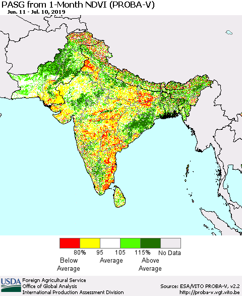 Southern Asia PASG from 1-Month NDVI (PROBA-V) Thematic Map For 7/1/2019 - 7/10/2019