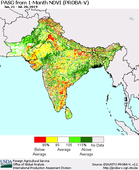 Southern Asia PASG from 1-Month NDVI (PROBA-V) Thematic Map For 7/11/2019 - 7/20/2019