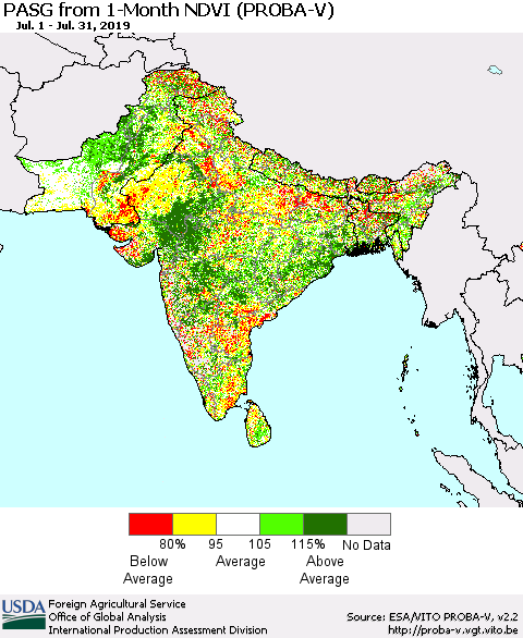 Southern Asia PASG from 1-Month NDVI (PROBA-V) Thematic Map For 7/21/2019 - 7/31/2019