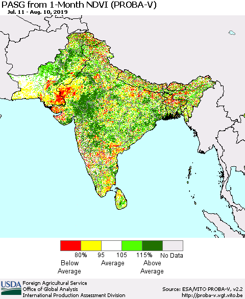 Southern Asia PASG from 1-Month NDVI (PROBA-V) Thematic Map For 8/1/2019 - 8/10/2019