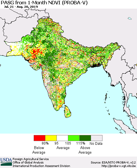 Southern Asia PASG from 1-Month NDVI (PROBA-V) Thematic Map For 8/11/2019 - 8/20/2019