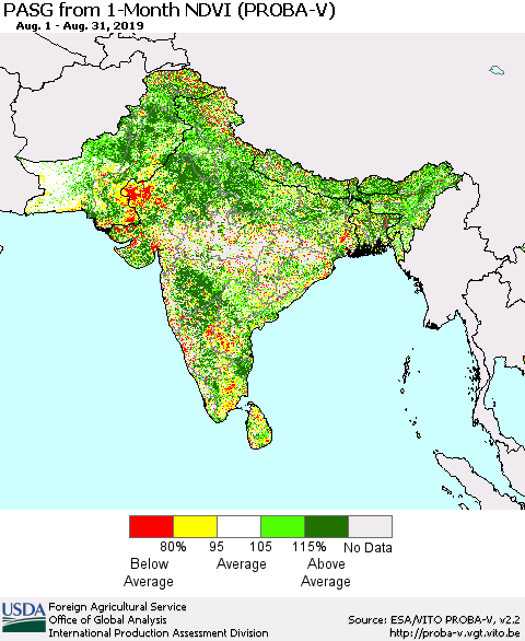 Southern Asia PASG from 1-Month NDVI (PROBA-V) Thematic Map For 8/21/2019 - 8/31/2019