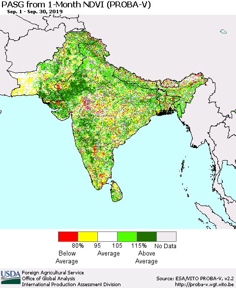 Southern Asia PASG from 1-Month NDVI (PROBA-V) Thematic Map For 9/21/2019 - 9/30/2019