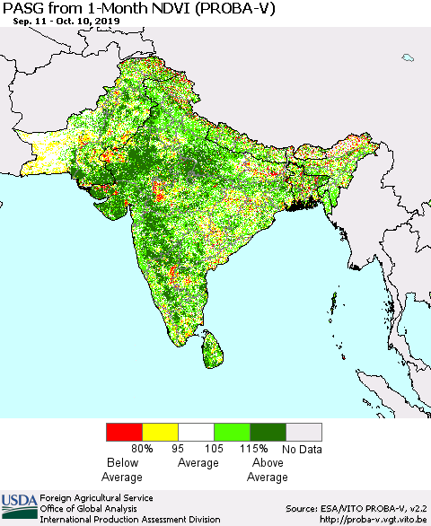 Southern Asia PASG from 1-Month NDVI (PROBA-V) Thematic Map For 10/1/2019 - 10/10/2019