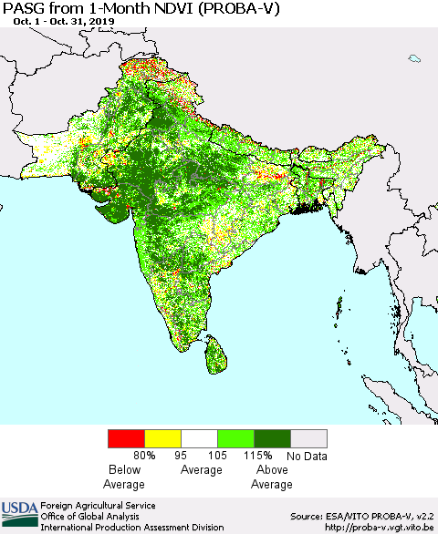 Southern Asia PASG from 1-Month NDVI (PROBA-V) Thematic Map For 10/21/2019 - 10/31/2019