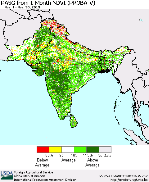 Southern Asia PASG from 1-Month NDVI (PROBA-V) Thematic Map For 11/21/2019 - 11/30/2019