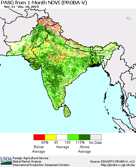 Southern Asia PASG from 1-Month NDVI (PROBA-V) Thematic Map For 12/1/2019 - 12/10/2019
