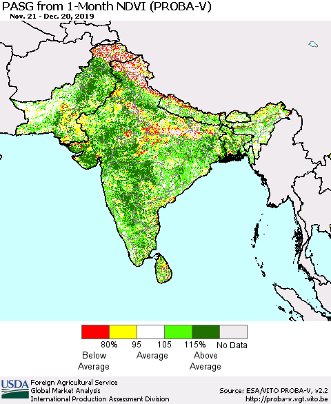 Southern Asia PASG from 1-Month NDVI (PROBA-V) Thematic Map For 12/11/2019 - 12/20/2019