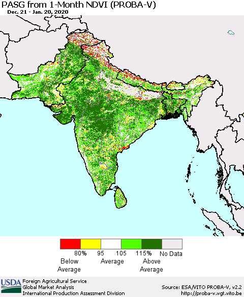 Southern Asia PASG from 1-Month NDVI (PROBA-V) Thematic Map For 1/11/2020 - 1/20/2020
