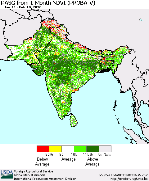 Southern Asia PASG from 1-Month NDVI (PROBA-V) Thematic Map For 2/1/2020 - 2/10/2020