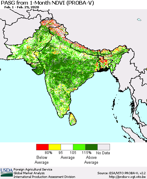 Southern Asia PASG from 1-Month NDVI (PROBA-V) Thematic Map For 2/21/2020 - 2/29/2020
