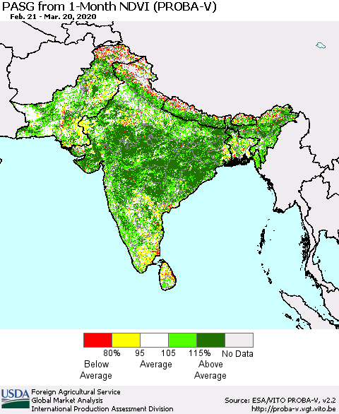 Southern Asia PASG from 1-Month NDVI (PROBA-V) Thematic Map For 3/11/2020 - 3/20/2020