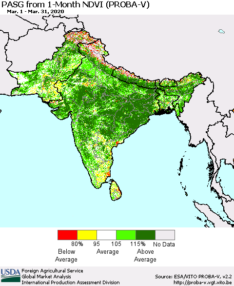 Southern Asia PASG from 1-Month NDVI (PROBA-V) Thematic Map For 3/21/2020 - 3/31/2020