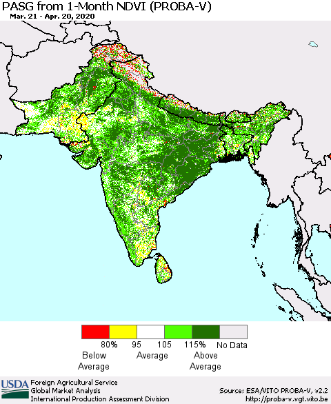 Southern Asia PASG from 1-Month NDVI (PROBA-V) Thematic Map For 4/11/2020 - 4/20/2020
