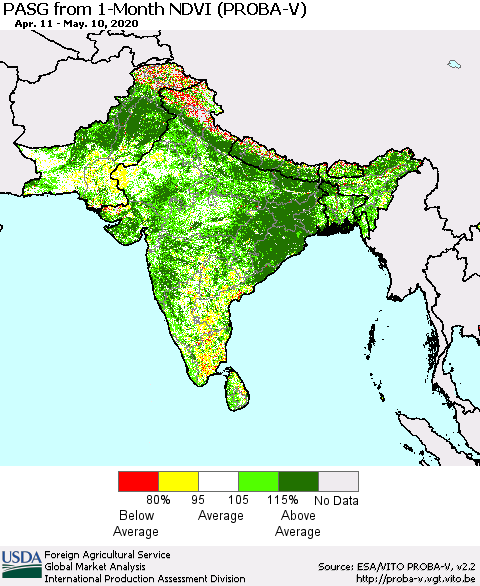 Southern Asia PASG from 1-Month NDVI (PROBA-V) Thematic Map For 5/1/2020 - 5/10/2020