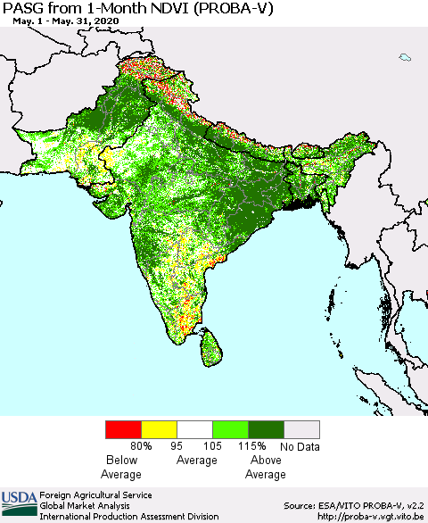 Southern Asia PASG from 1-Month NDVI (PROBA-V) Thematic Map For 5/21/2020 - 5/31/2020