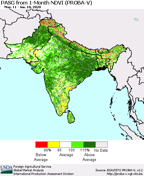 Southern Asia PASG from 1-Month NDVI (PROBA-V) Thematic Map For 6/1/2020 - 6/10/2020