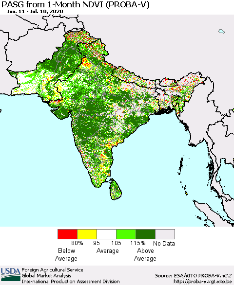Southern Asia PASG from 1-Month NDVI (PROBA-V) Thematic Map For 7/1/2020 - 7/10/2020