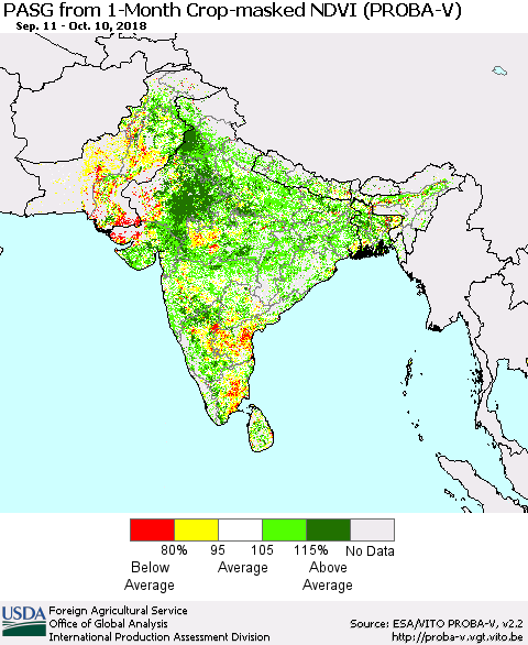 Southern Asia PASG from 1-Month Crop-masked NDVI (PROBA-V) Thematic Map For 10/1/2018 - 10/10/2018