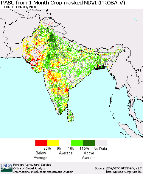 Southern Asia PASG from 1-Month Crop-masked NDVI (PROBA-V) Thematic Map For 10/21/2018 - 10/31/2018