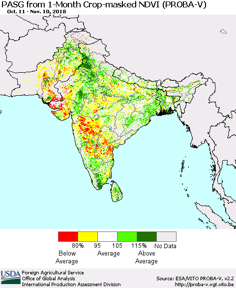 Southern Asia PASG from 1-Month Crop-masked NDVI (PROBA-V) Thematic Map For 11/1/2018 - 11/10/2018