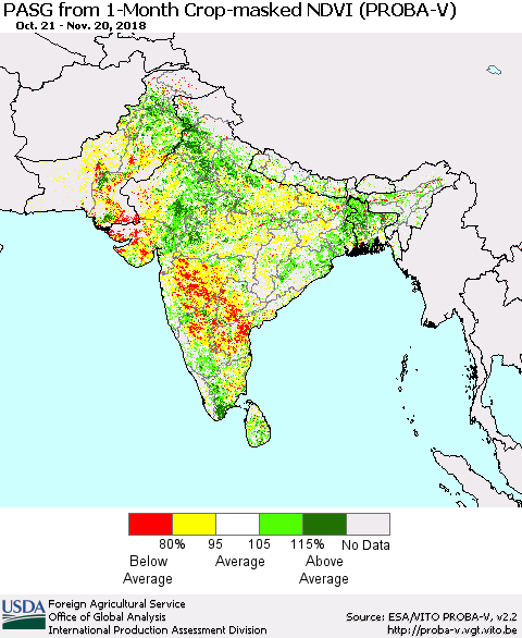 Southern Asia PASG from 1-Month Crop-masked NDVI (PROBA-V) Thematic Map For 11/11/2018 - 11/20/2018