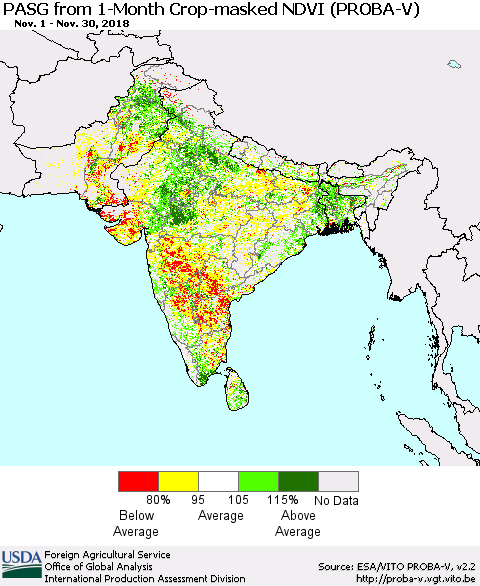 Southern Asia PASG from 1-Month Crop-masked NDVI (PROBA-V) Thematic Map For 11/21/2018 - 11/30/2018