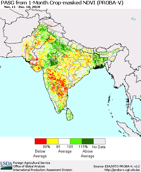 Southern Asia PASG from 1-Month Crop-masked NDVI (PROBA-V) Thematic Map For 12/1/2018 - 12/10/2018