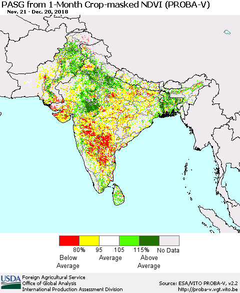 Southern Asia PASG from 1-Month Crop-masked NDVI (PROBA-V) Thematic Map For 12/11/2018 - 12/20/2018