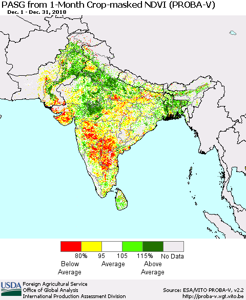 Southern Asia PASG from 1-Month Crop-masked NDVI (PROBA-V) Thematic Map For 12/21/2018 - 12/31/2018