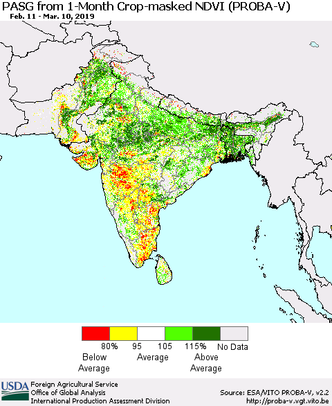 Southern Asia PASG from 1-Month Crop-masked NDVI (PROBA-V) Thematic Map For 3/1/2019 - 3/10/2019