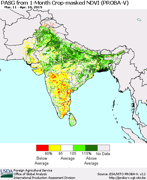 Southern Asia PASG from 1-Month Crop-masked NDVI (PROBA-V) Thematic Map For 4/1/2019 - 4/10/2019