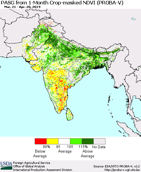 Southern Asia PASG from 1-Month Crop-masked NDVI (PROBA-V) Thematic Map For 4/11/2019 - 4/20/2019