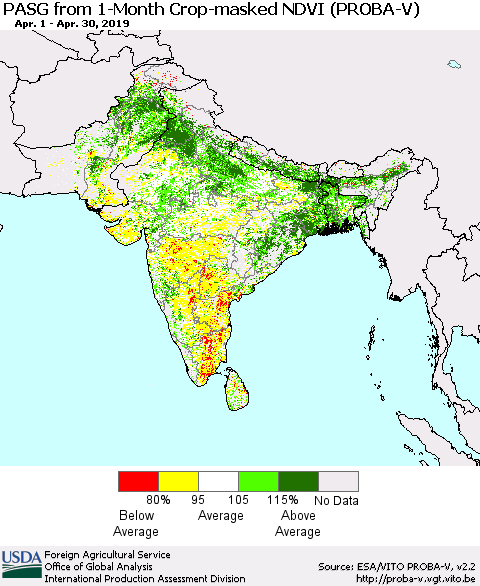 Southern Asia PASG from 1-Month Crop-masked NDVI (PROBA-V) Thematic Map For 4/21/2019 - 4/30/2019