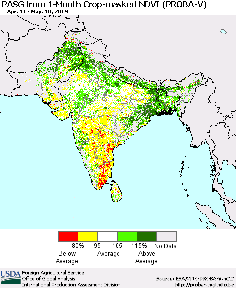 Southern Asia PASG from 1-Month Crop-masked NDVI (PROBA-V) Thematic Map For 5/1/2019 - 5/10/2019