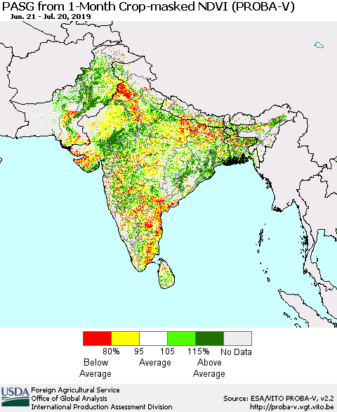 Southern Asia PASG from 1-Month Crop-masked NDVI (PROBA-V) Thematic Map For 7/11/2019 - 7/20/2019