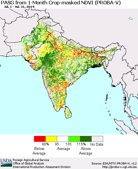 Southern Asia PASG from 1-Month Crop-masked NDVI (PROBA-V) Thematic Map For 7/21/2019 - 7/31/2019