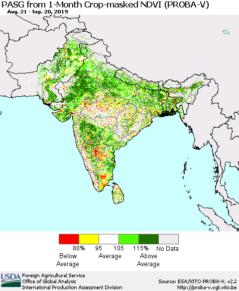 Southern Asia PASG from 1-Month Crop-masked NDVI (PROBA-V) Thematic Map For 9/11/2019 - 9/20/2019