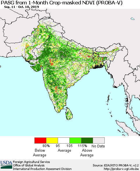 Southern Asia PASG from 1-Month Crop-masked NDVI (PROBA-V) Thematic Map For 10/1/2019 - 10/10/2019